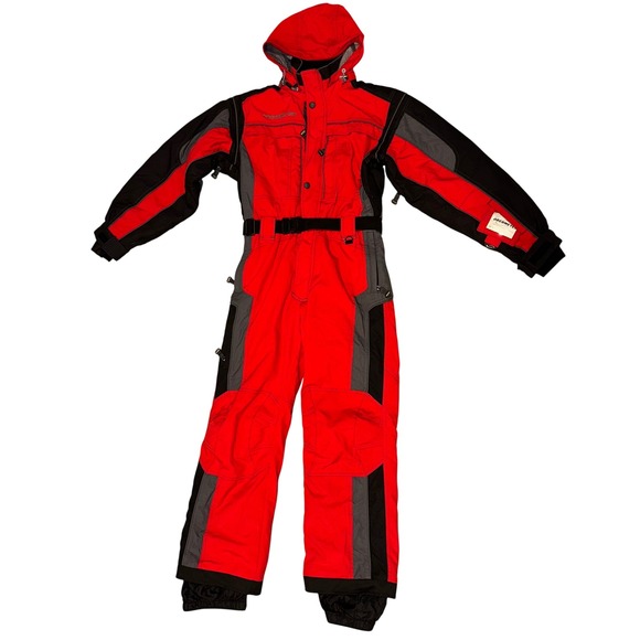Obermeyer Mach 1 JR Ski‎ Snow Suit Red Black Waterproof Insulated Sz JR 18 - Picture 1 of 14